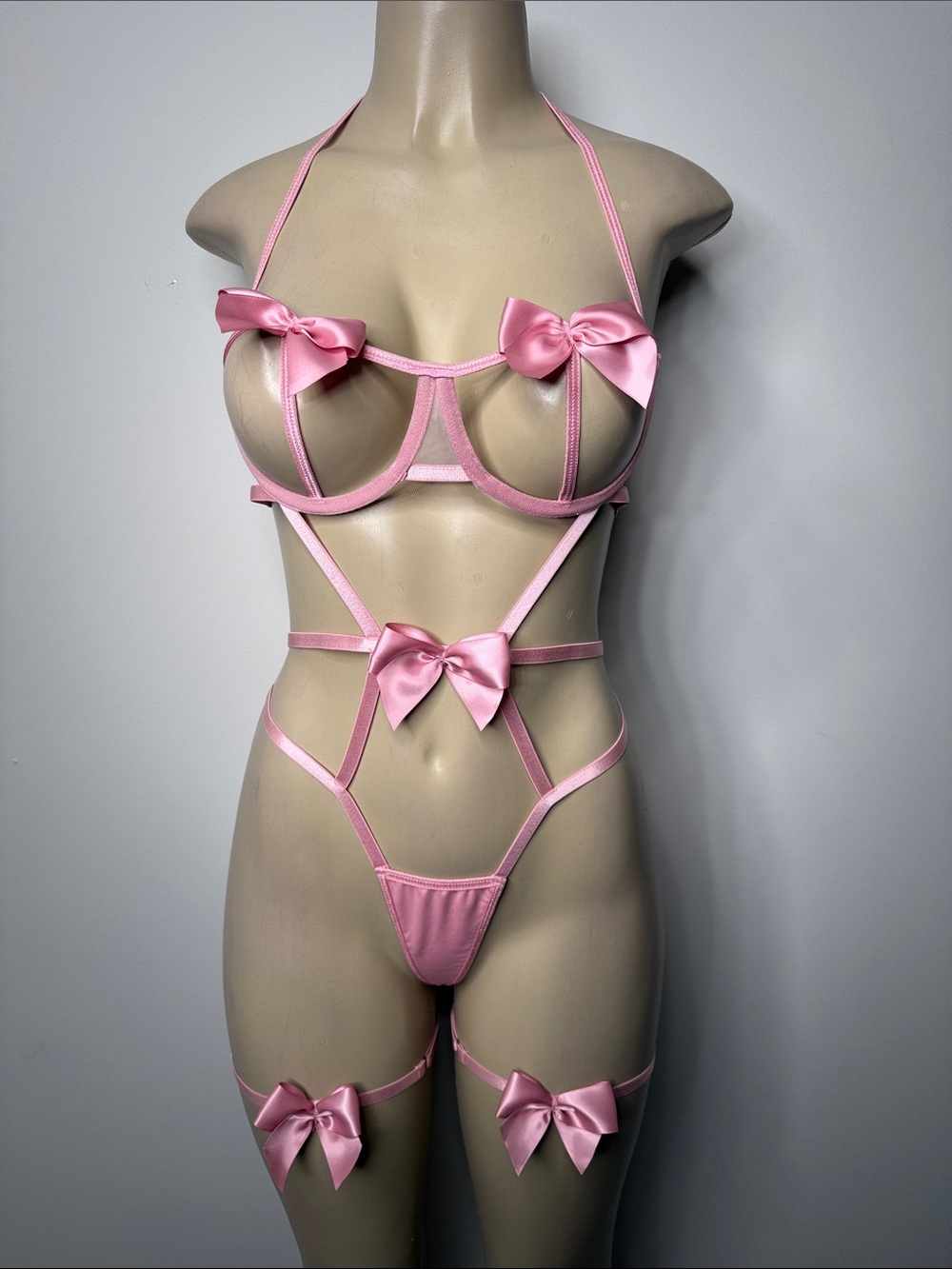 Pink Satin Bow Strappy Lingerie Set